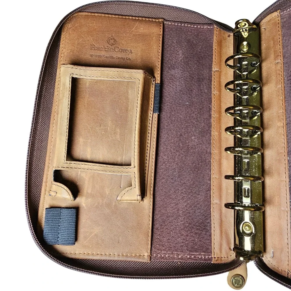 Vintage 90s Franklin Covey Brown Tan Leather 7-Ring Zip Planner USA Academia